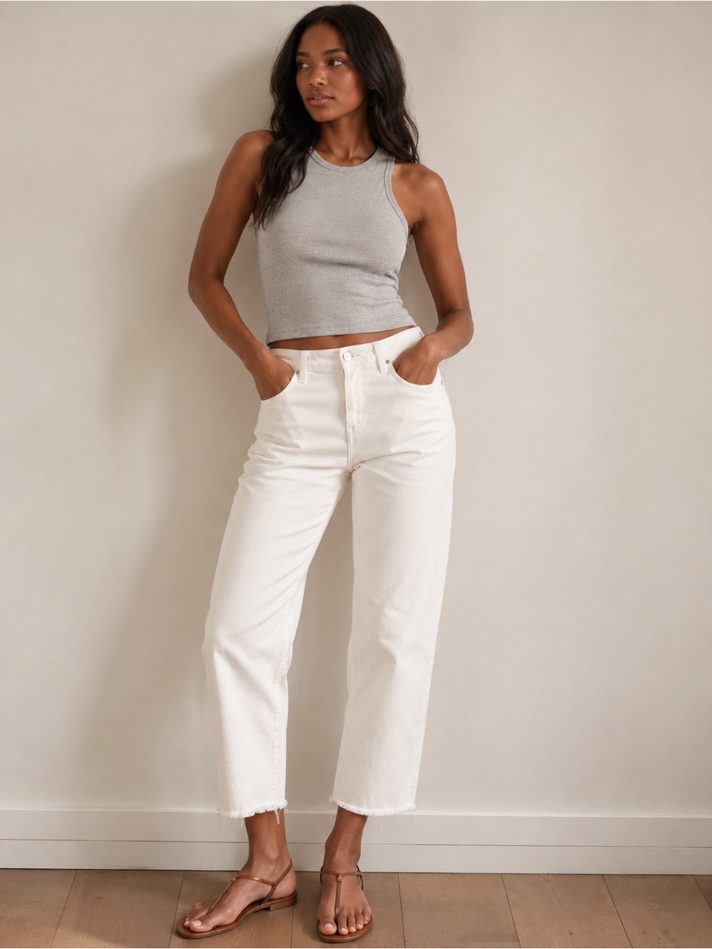 L’AGENCE White High Rise Raw Hem Straight Leg Jeans Size 30 Cropped